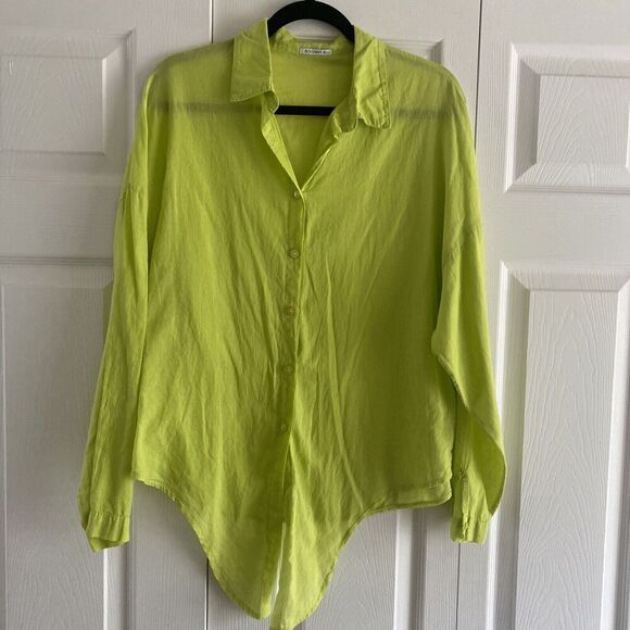 Bognar Blu Green Button Down Chartreuse Large Tie Front Italy Cotton Blouse‎ - Picture 1 of 9